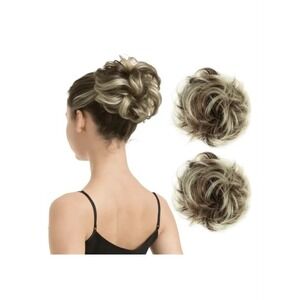 BARSDAR 2pc 100% Human Hair Messy Bun Extension Wavy Medium Brown Blonde BLD003